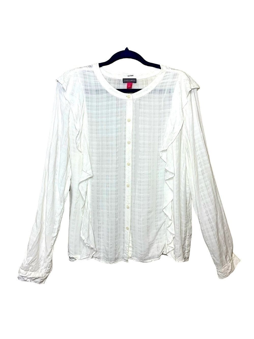 Vince Camuto White Sheer Ruffled Blouse Sz L Button Front Long Sleeve Feminine